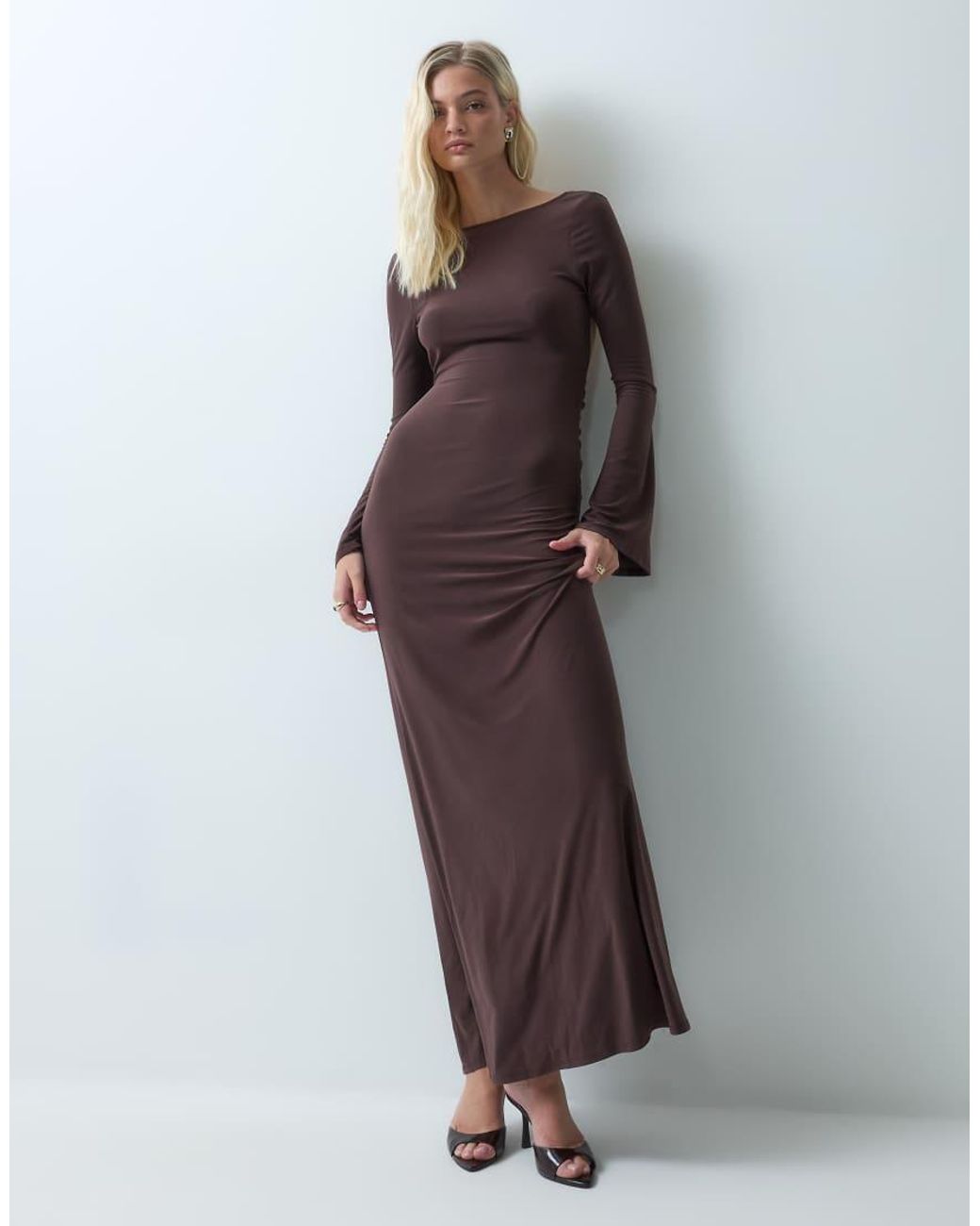 ASOS Brown Slash Neck Slinky Maxi Dress With Open Back And Trim Detail