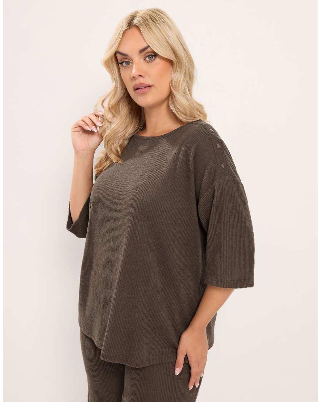 Yours Clothing Brown Ribbed Studded Top