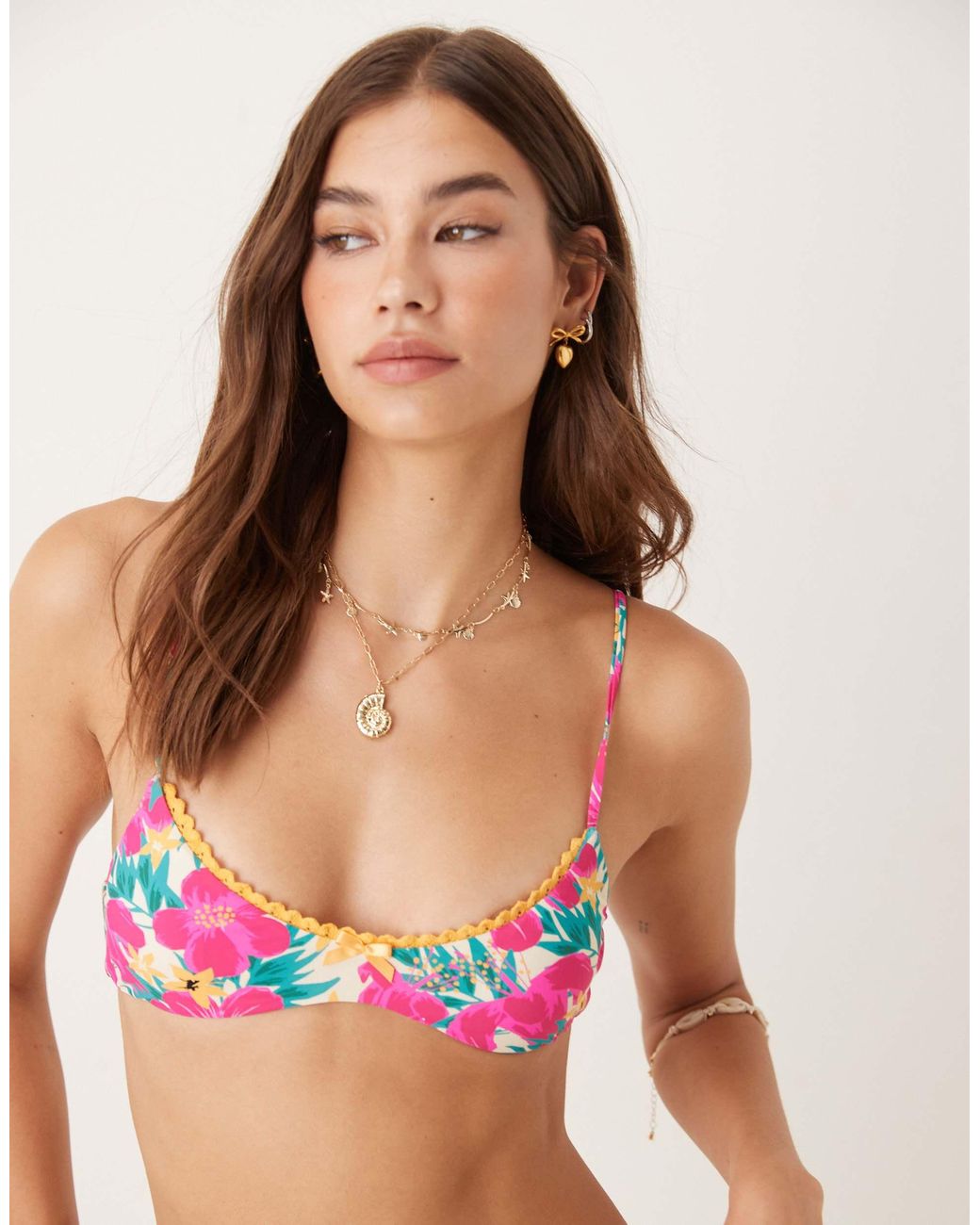 Wild Lovers Red Ohana Floral Print Bikini Top With Contrast Lace