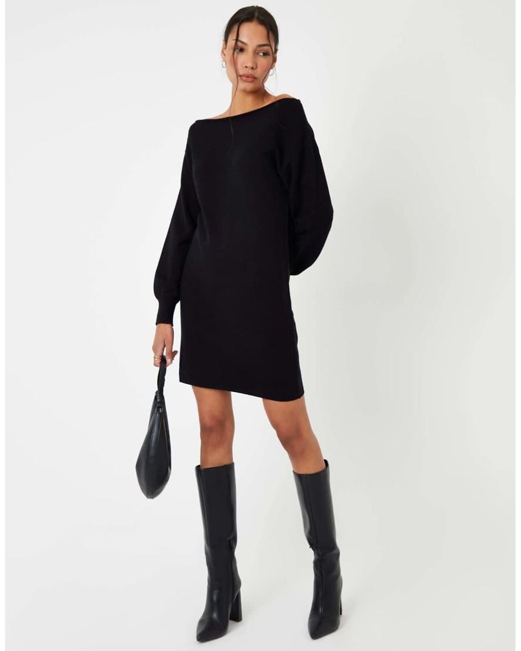 Threadbare Black Petite Slash Neck Mini Jumper Dress