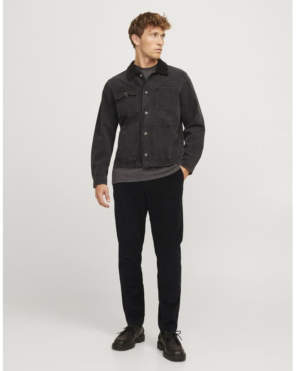 Jack & Jones Black Ace Ribbed Corduroy Mid Waist Tapered Fit Trousers for men