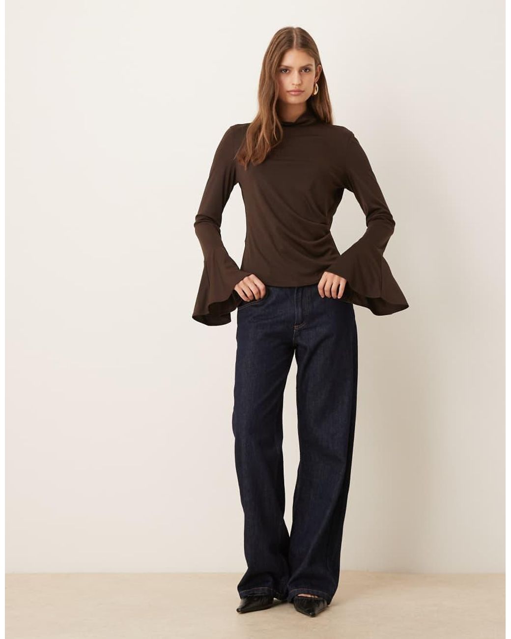 Mango Brown Roll Neck Long Sleeve Top With Flared Sleeves