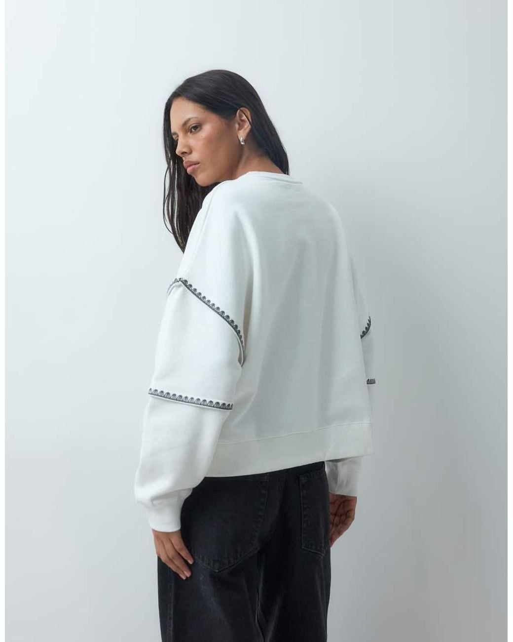 Mango White Oversized Embroidered Sleeve Sweater