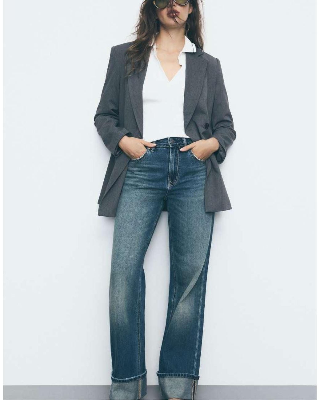 Stradivarius Blue D92 Straight Wide-leg Jeans