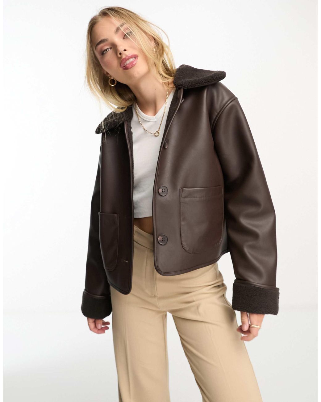 Monki Cropped Faux Leather And Shearling Jacket in Brown Lyst