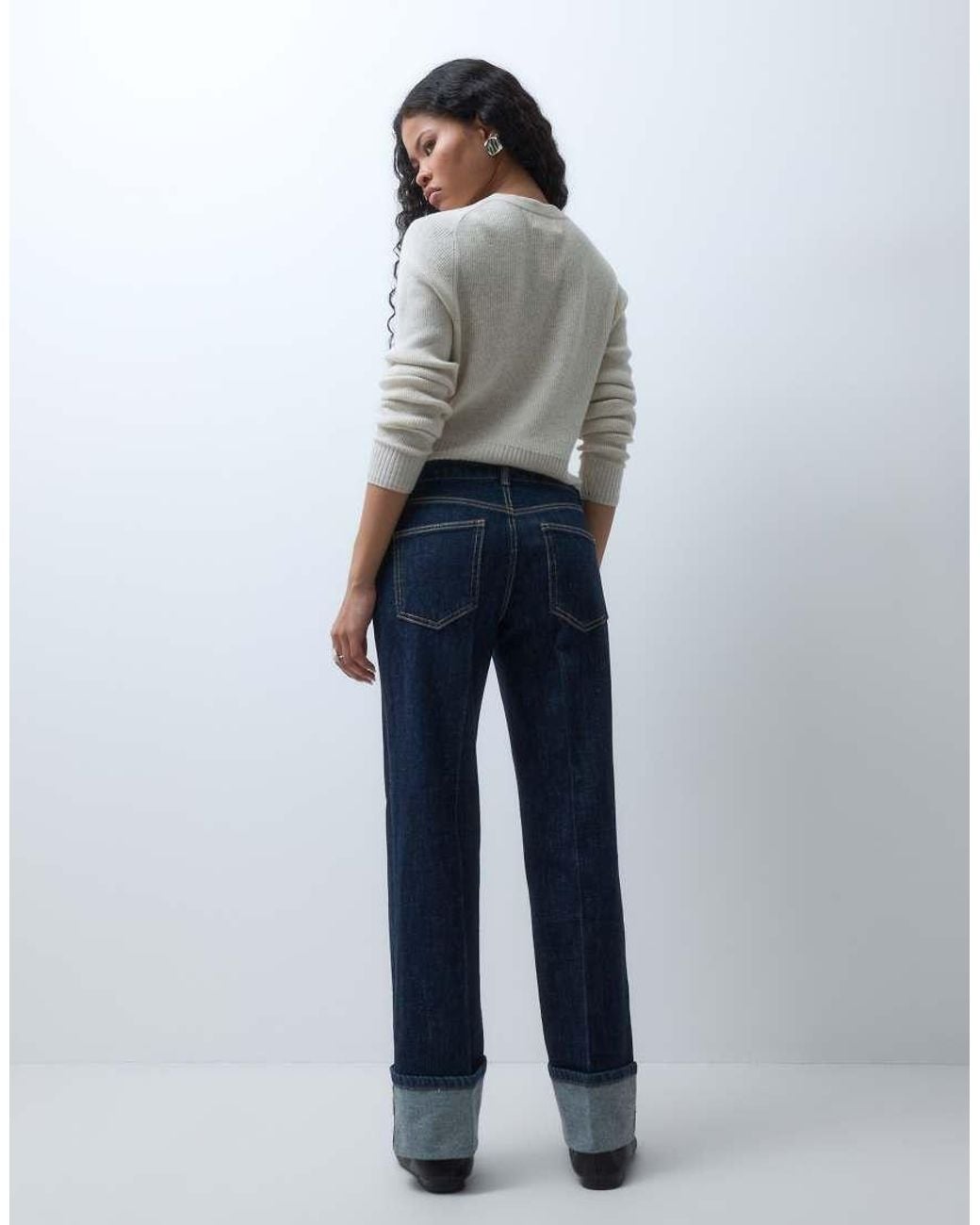 Vero Moda Blue Allison Mid Rise Straight Leg Seam Detail Jeans With Fold Up