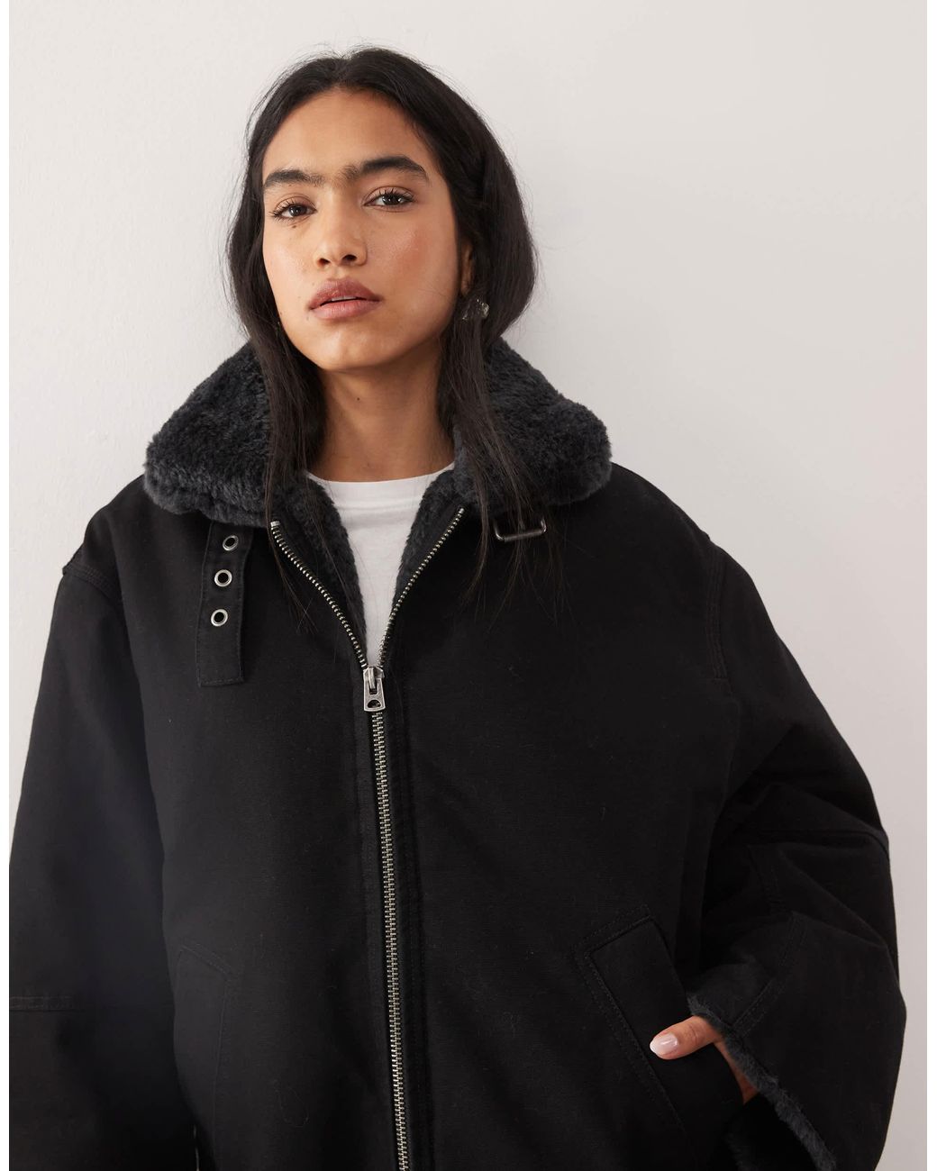 Weekday Jacket Weekday Canvas Jacket With Faux Fur Collar in Black | Lyst