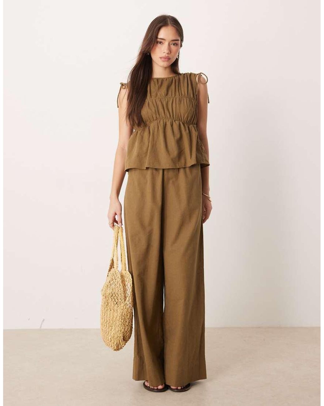 ASOS Natural Double Layer Jumpsuit With Gathered Bust Detail
