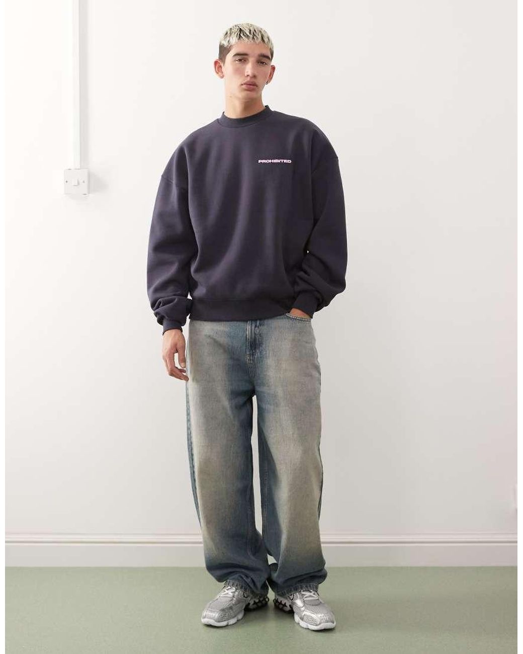 Prohibited Blue Oversized Boxy Fit Logo Jumper for men