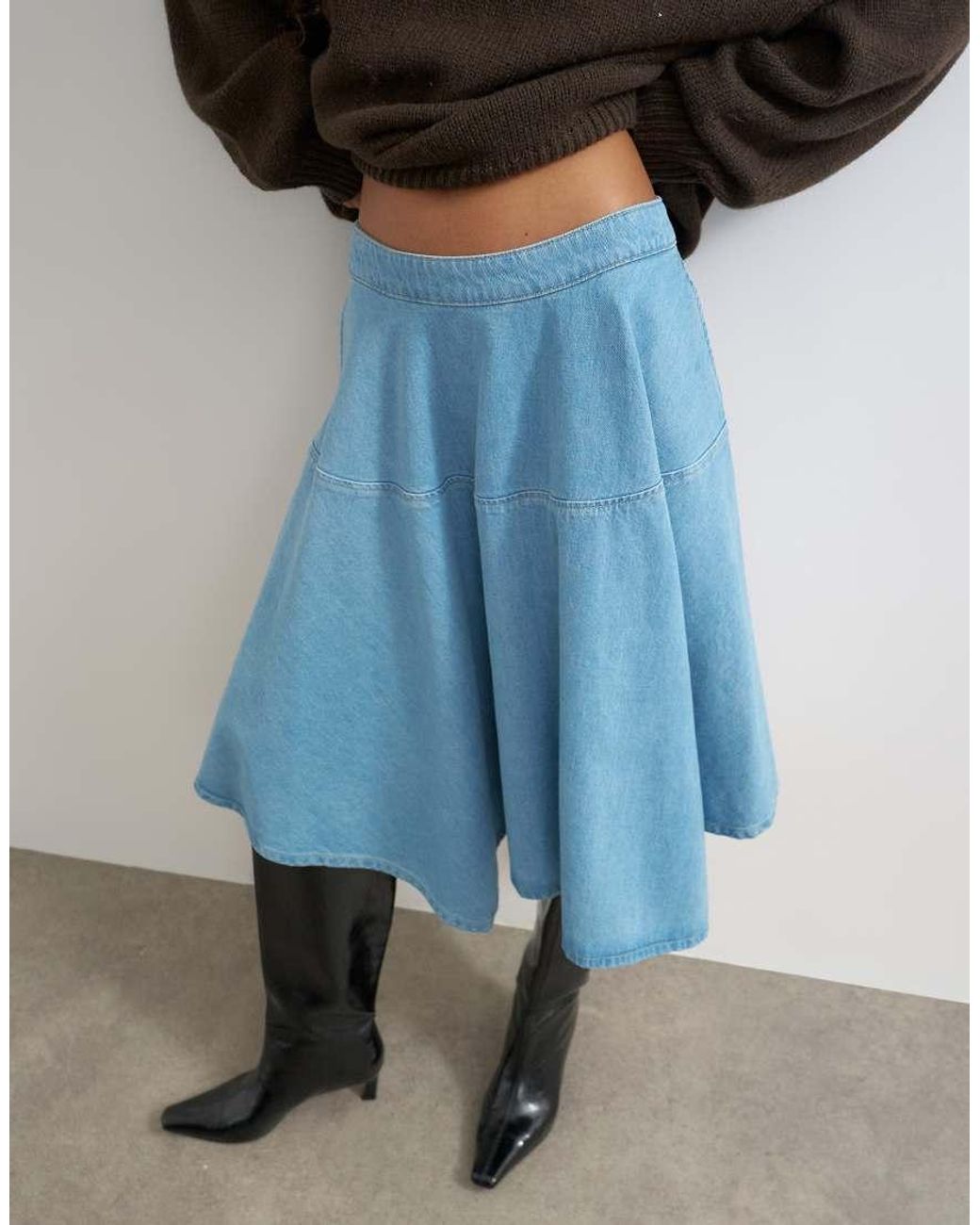 TOPSHOP White Denim Hanky Hem Midi Skirt