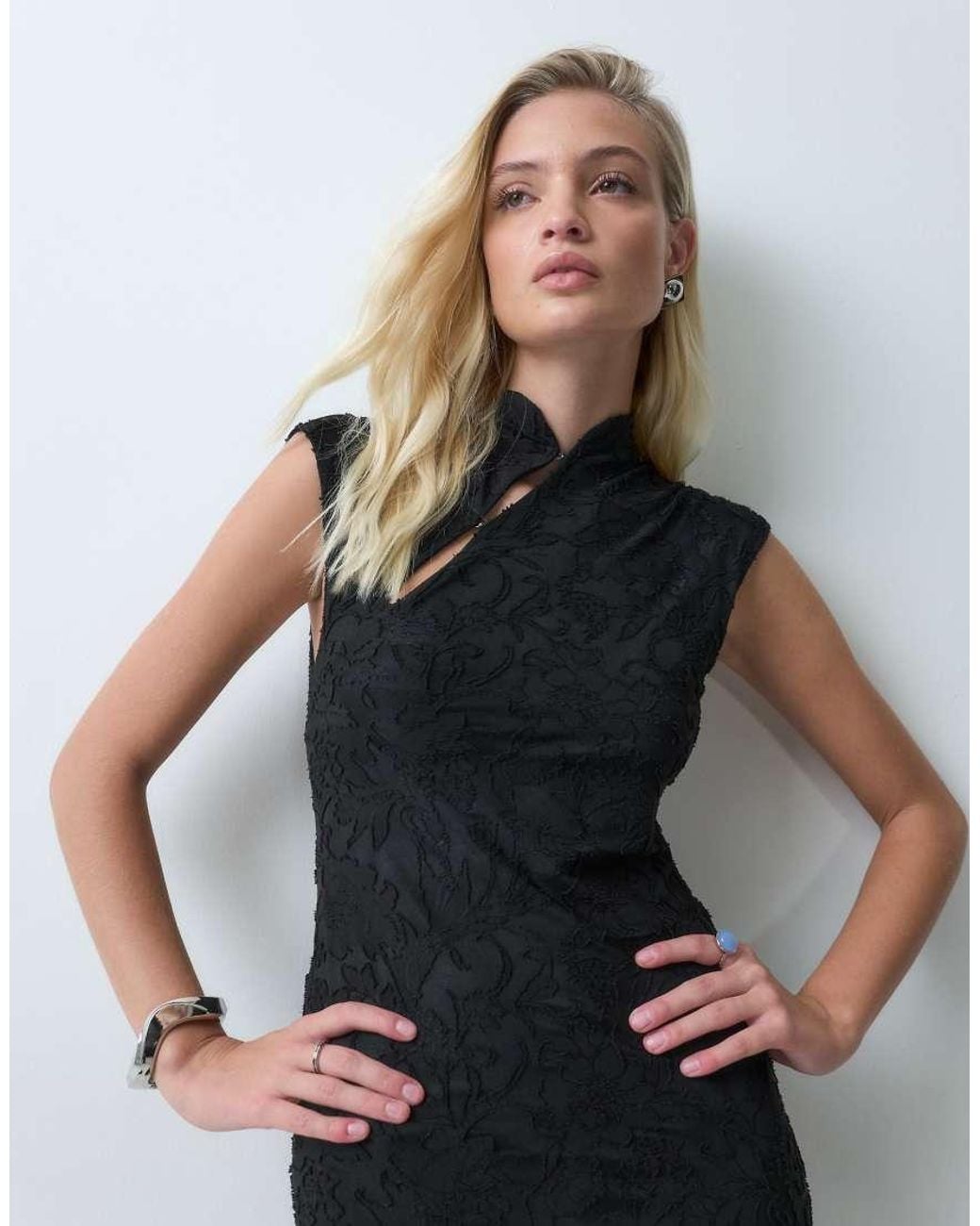 ASOS Black Sleeveless Devore Maxi Dress With Mandarian Detail