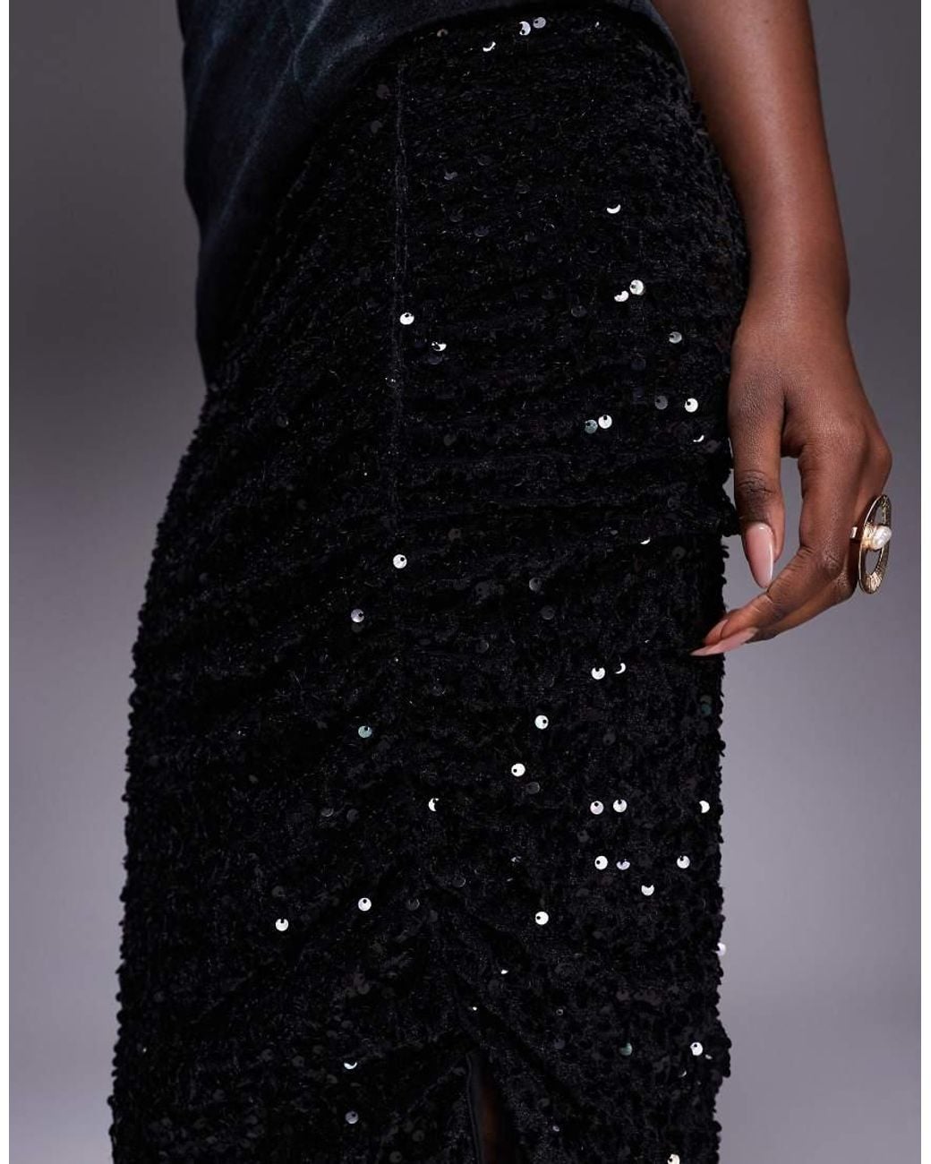 River Island Blue Ruched Side Velvet Sequin Midi Skirt