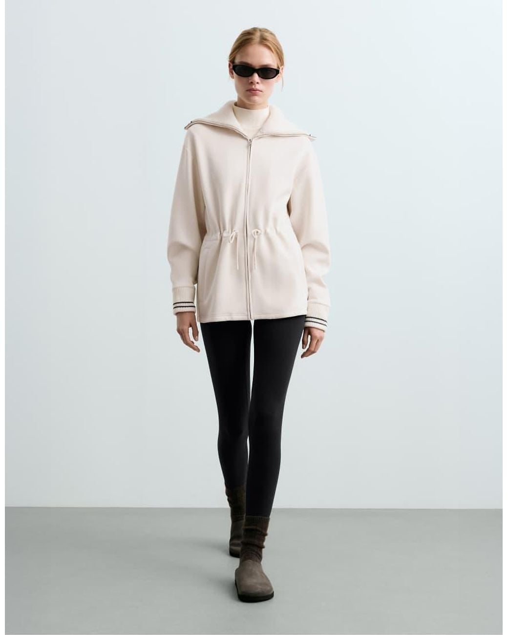 Oysho Natural Long Jacket With Modal Brushed Piping