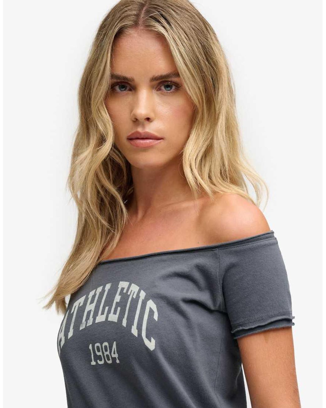 Superdry Blue Graphic Bardot Short Sleeve Top