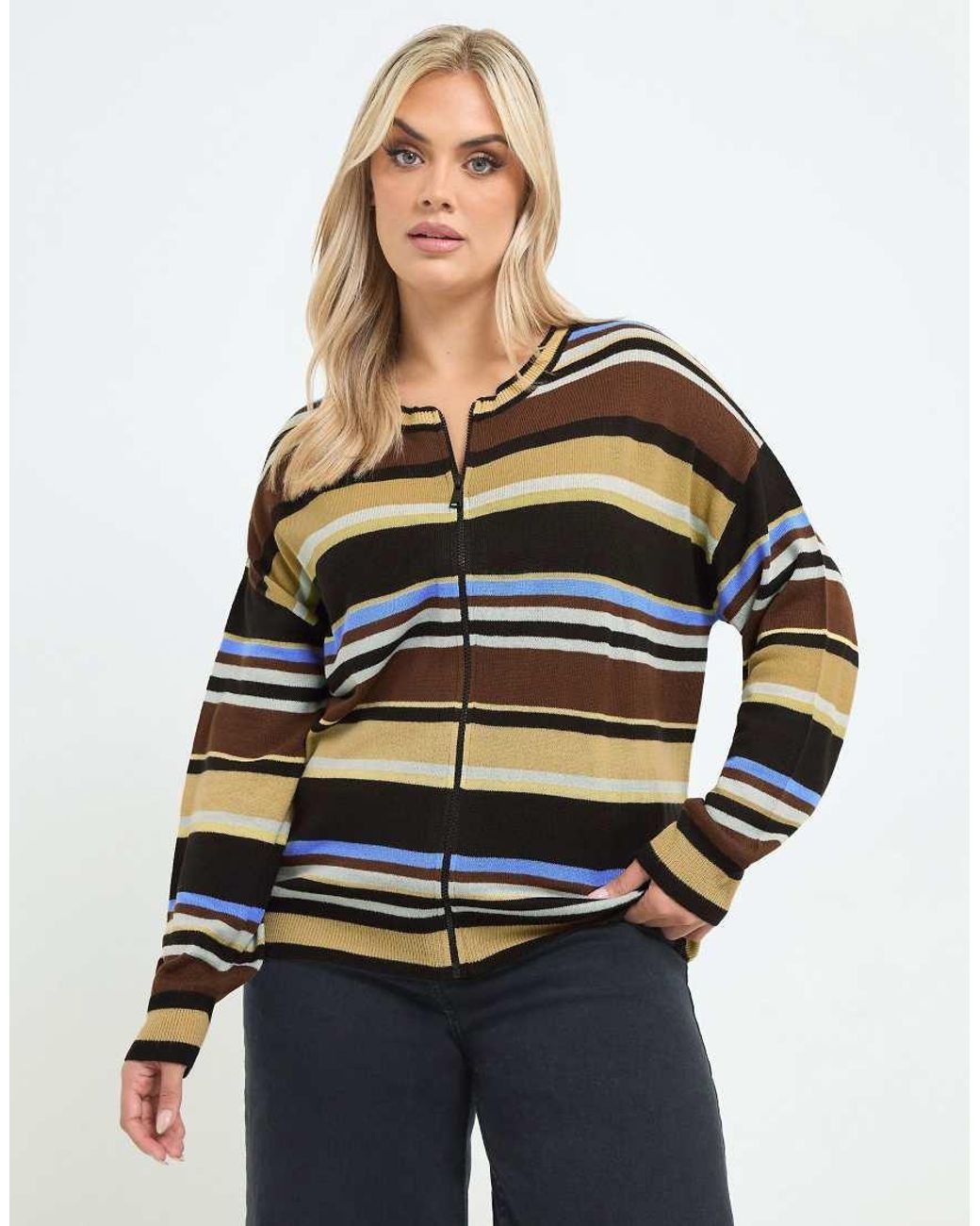 Yours Clothing Black Stripe Zip Through Cardigan