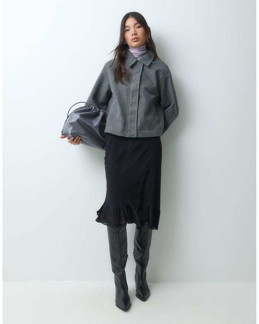 ARKET Gray Low Waist Frill Hem Midi Skirt