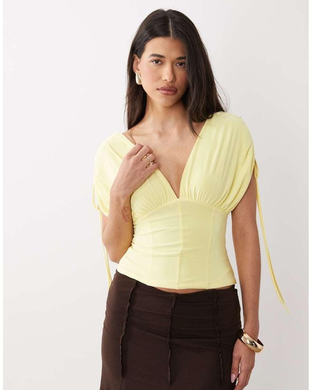 ASOS Yellow Deep Ruched Off The Shoulder Top