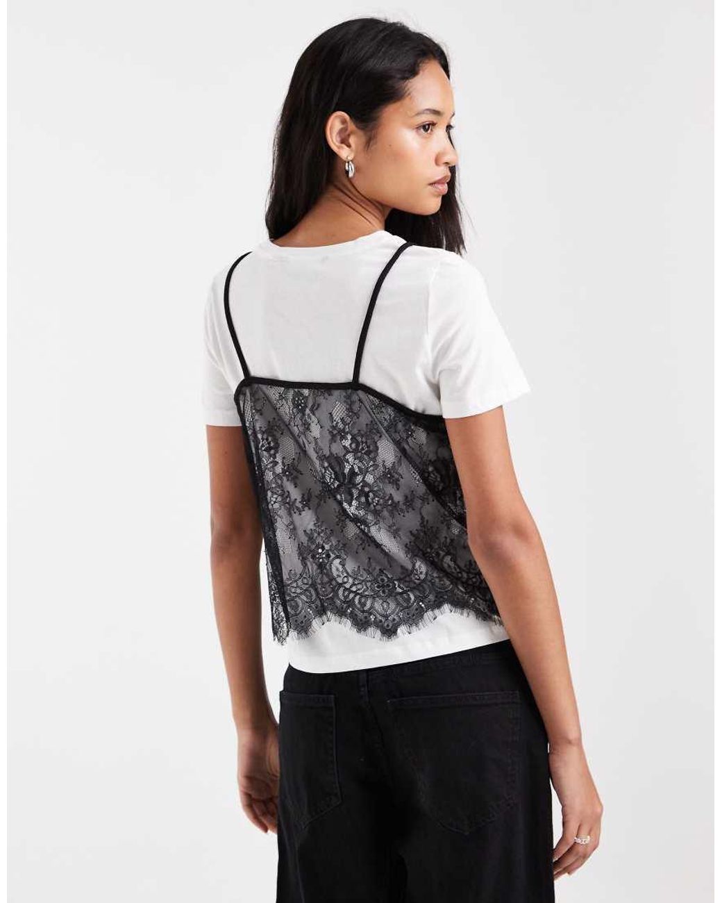 Vero Moda Gray Short Sleeve T-shirt With Lace Cami Overlay