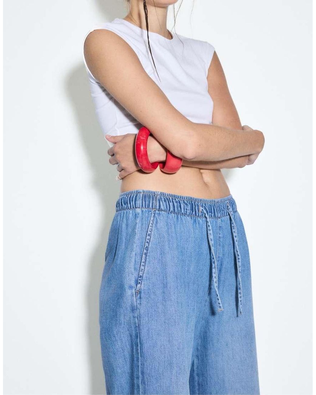 Stradivarius Blue Petite Flowy Denim Trousers With Drawstring