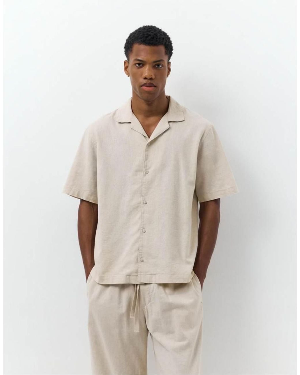 Pull&Bear Natural Short Sleeve Linen Blend Shirt for men