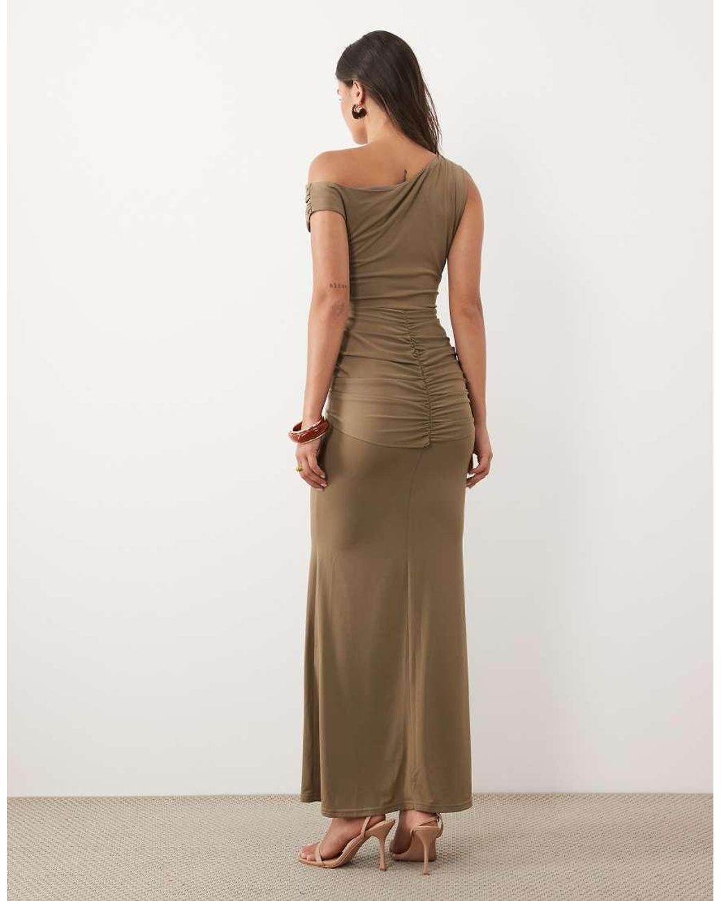 TFNC London Natural Slinky One Shoulder Draped Knot Detail Maxi Dress