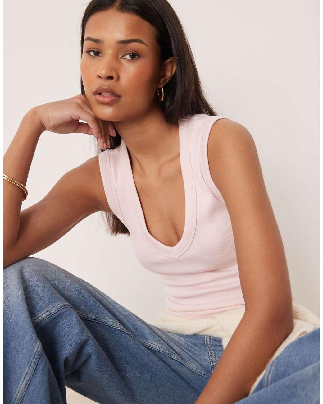 Gina Tricot Blue V Neck Rib Tank