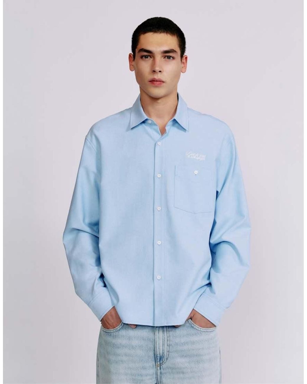 Pull&Bear Blue Embroidered Long Sleeve Shirt for men
