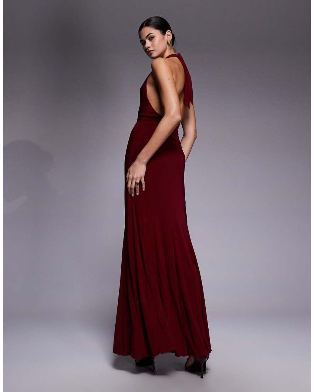 Fashionkilla Red Exclusive Double Sculpted Slinky Plunge Halterneck Godet Hem Maxi Dress