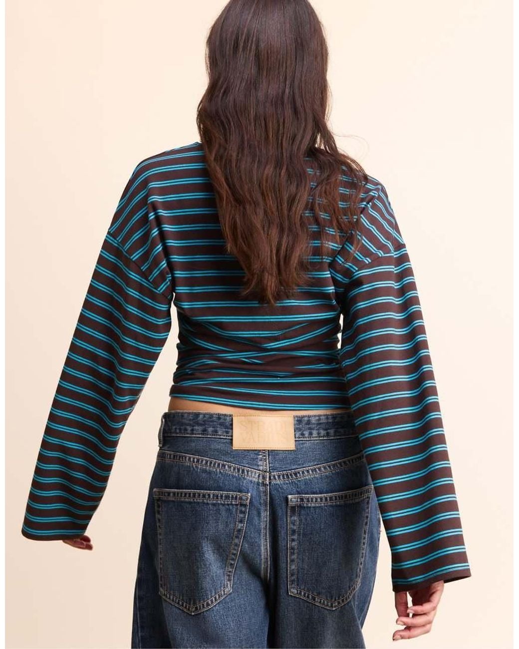 Stradivarius Blue Long Sleeve Striped T-Shirt With Ruched Waist