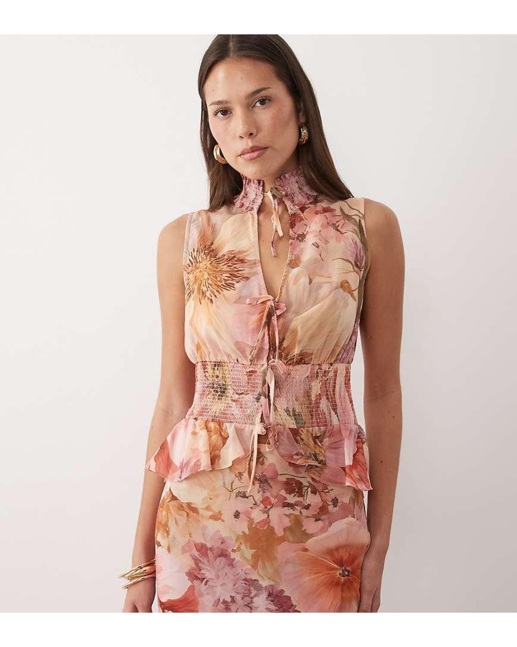 Wanderdoll Multicolor Primrose Tie Detail Sleeveless Shirred Chiffon Top Co-Ord