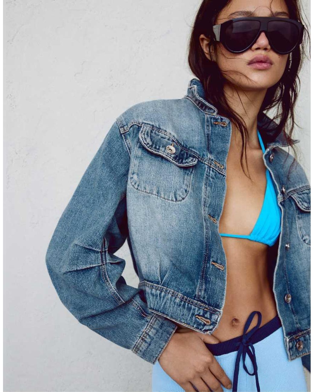 Bershka Blue Cropped Balloon Denim Jacket