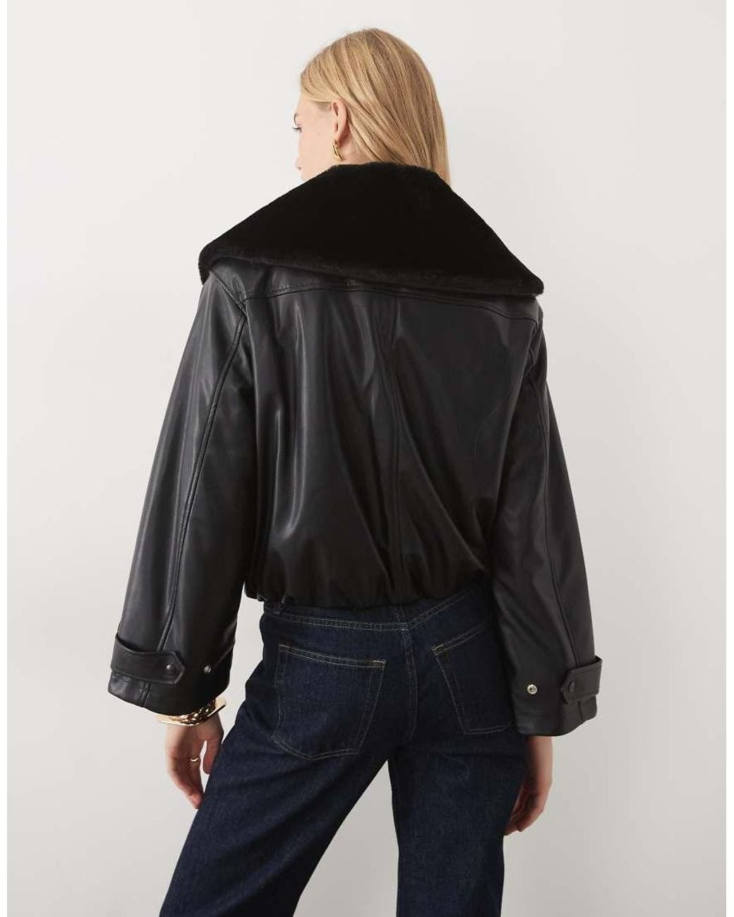 Calvin Klein Gray Faux Leather Bomber Jacket With Collar Detail