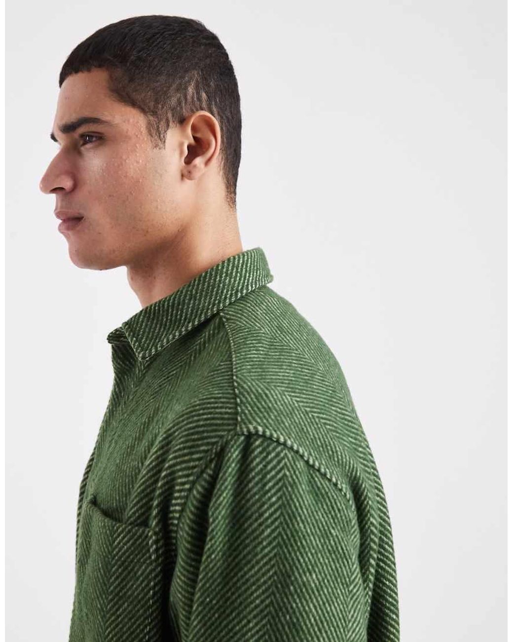 ASOS Green Boxy Oversized Wool Blend Herringbone Shirt for men
