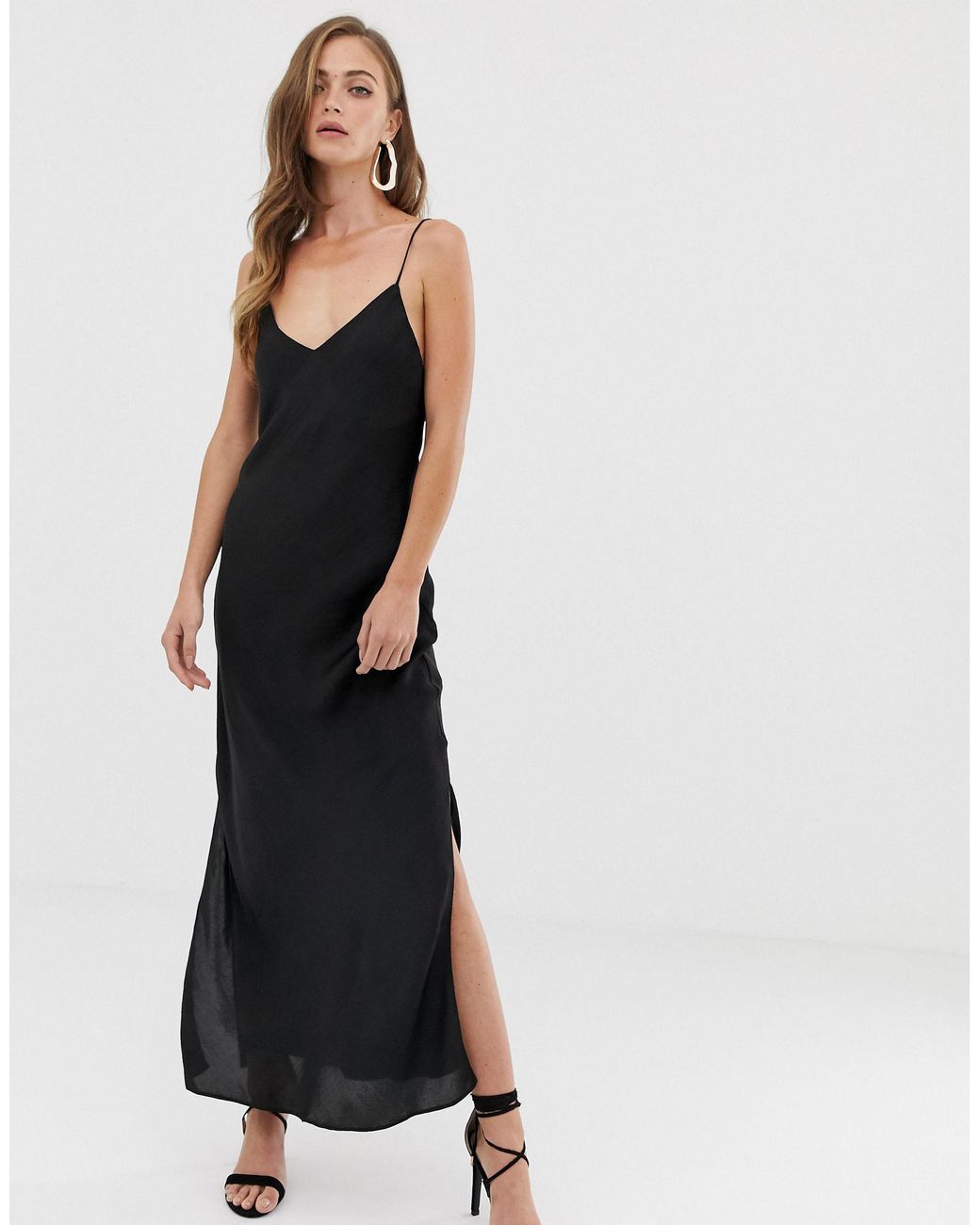 ASOS Satin Cami Maxi Slip Dress in Black | Lyst