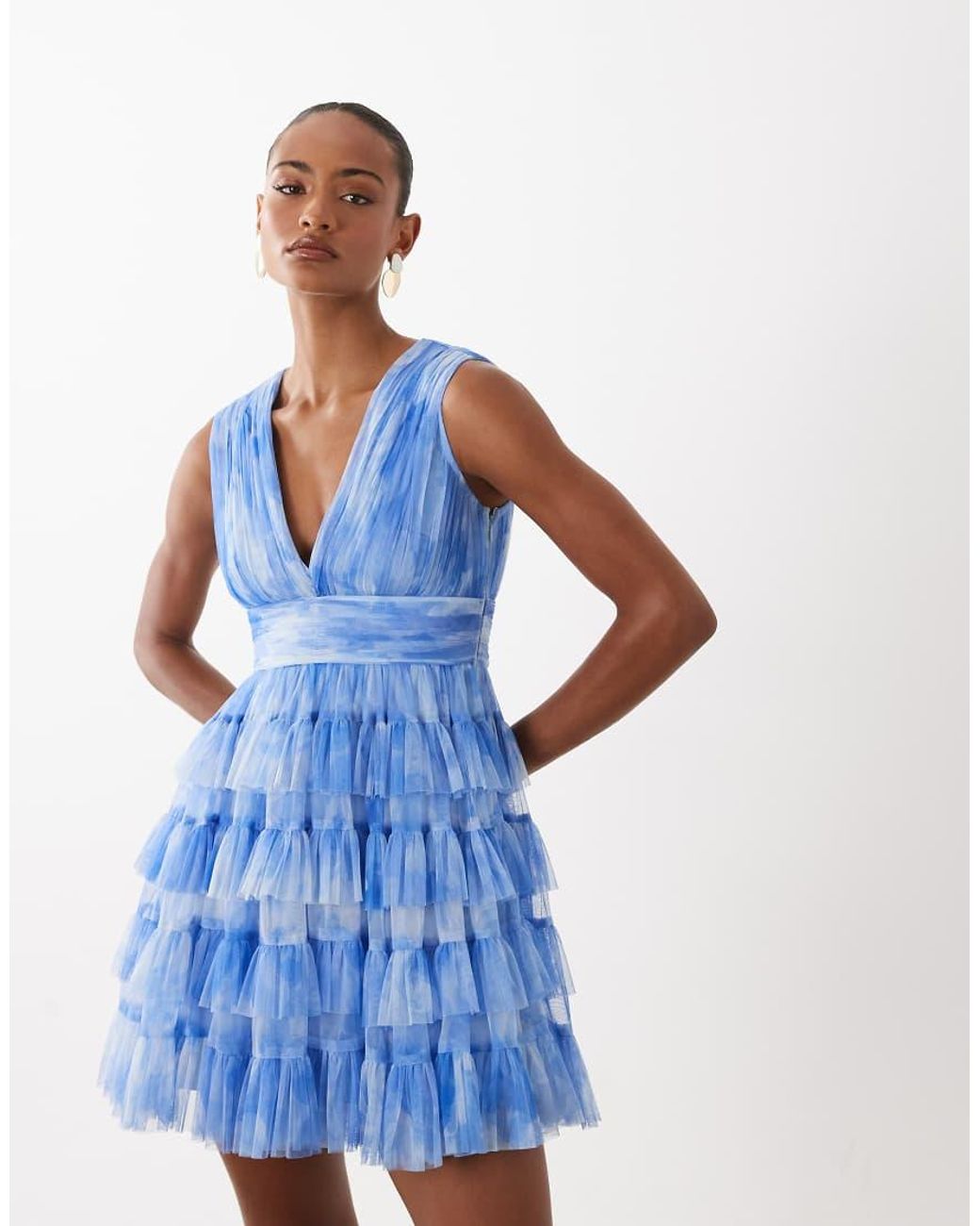 LACE & BEADS Blue Sleeveless Plunge Neck Ruffle Tiered Mini Dress
