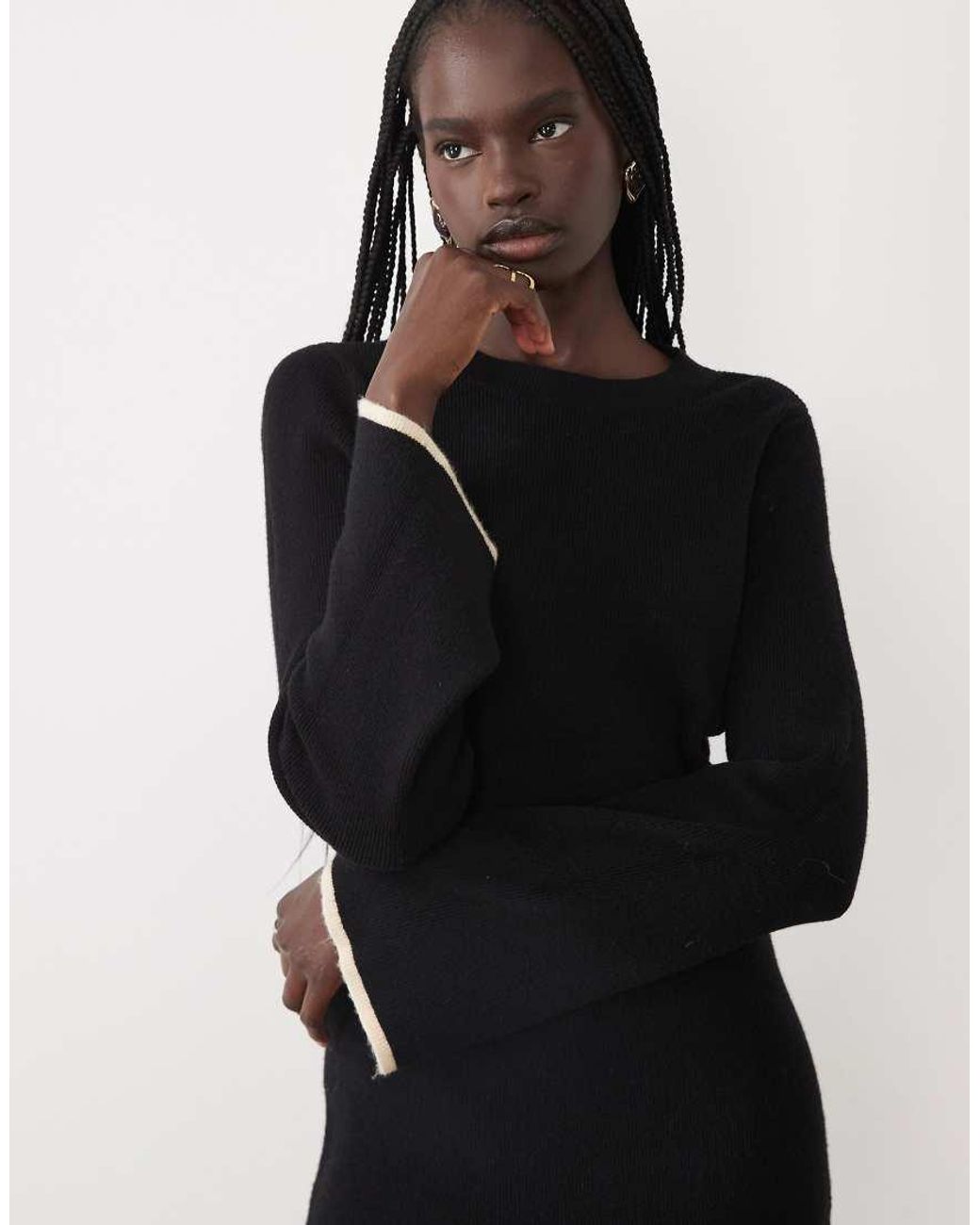 Vila Black Fluffy Texture Knitted Midi Dress With Constrast Tipping