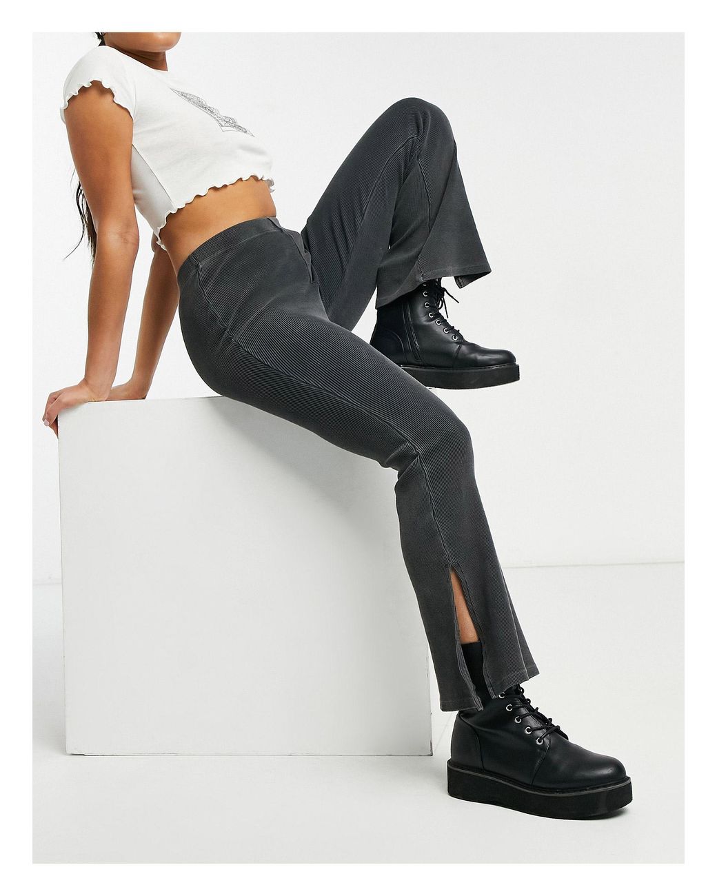 TOPSHOP Denim Flare Trouser With Split Hem in Black - Lyst