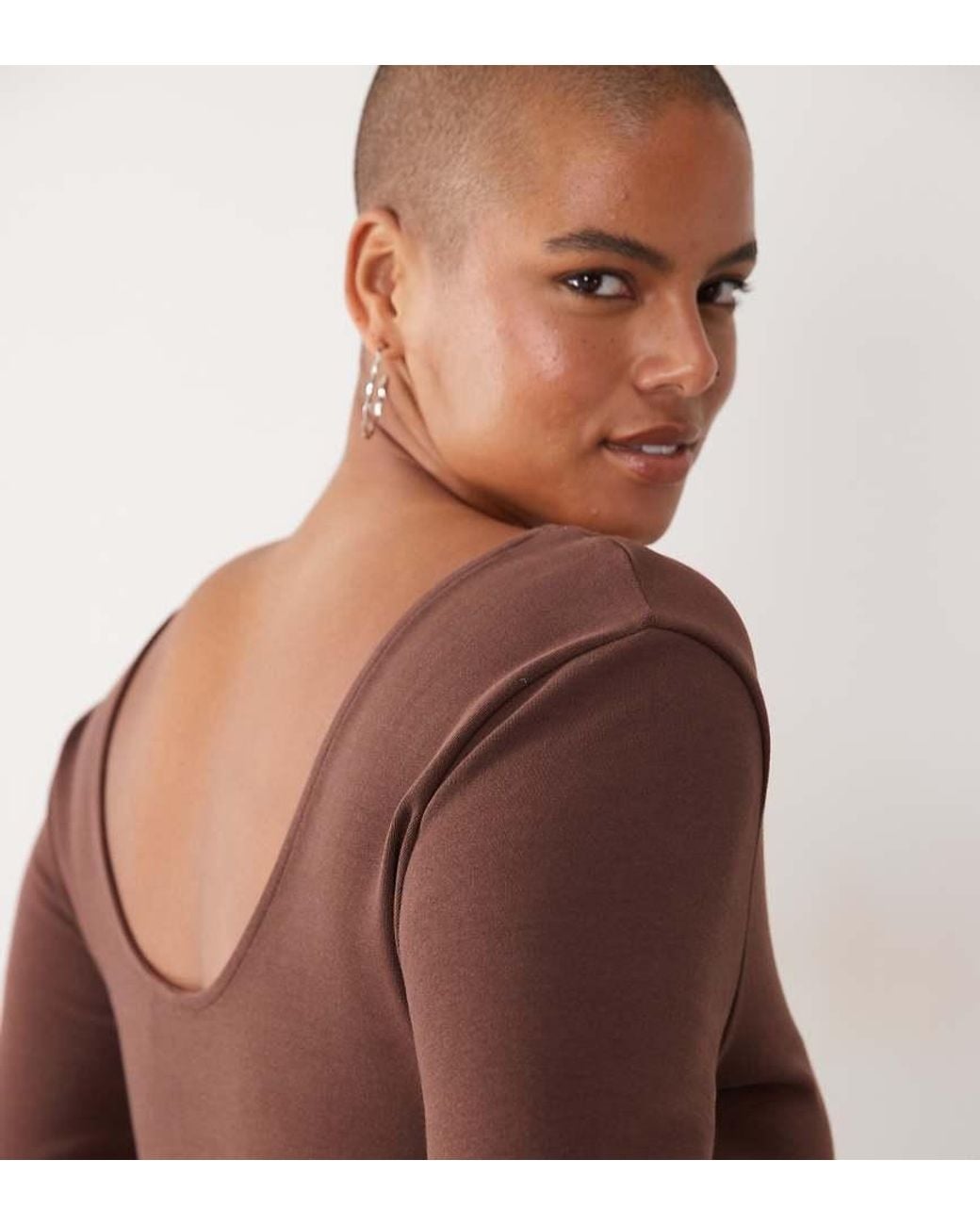 ASOS Brown Asos Design Curve Compact Cotton Long Sleeve Top With Curved Neckline