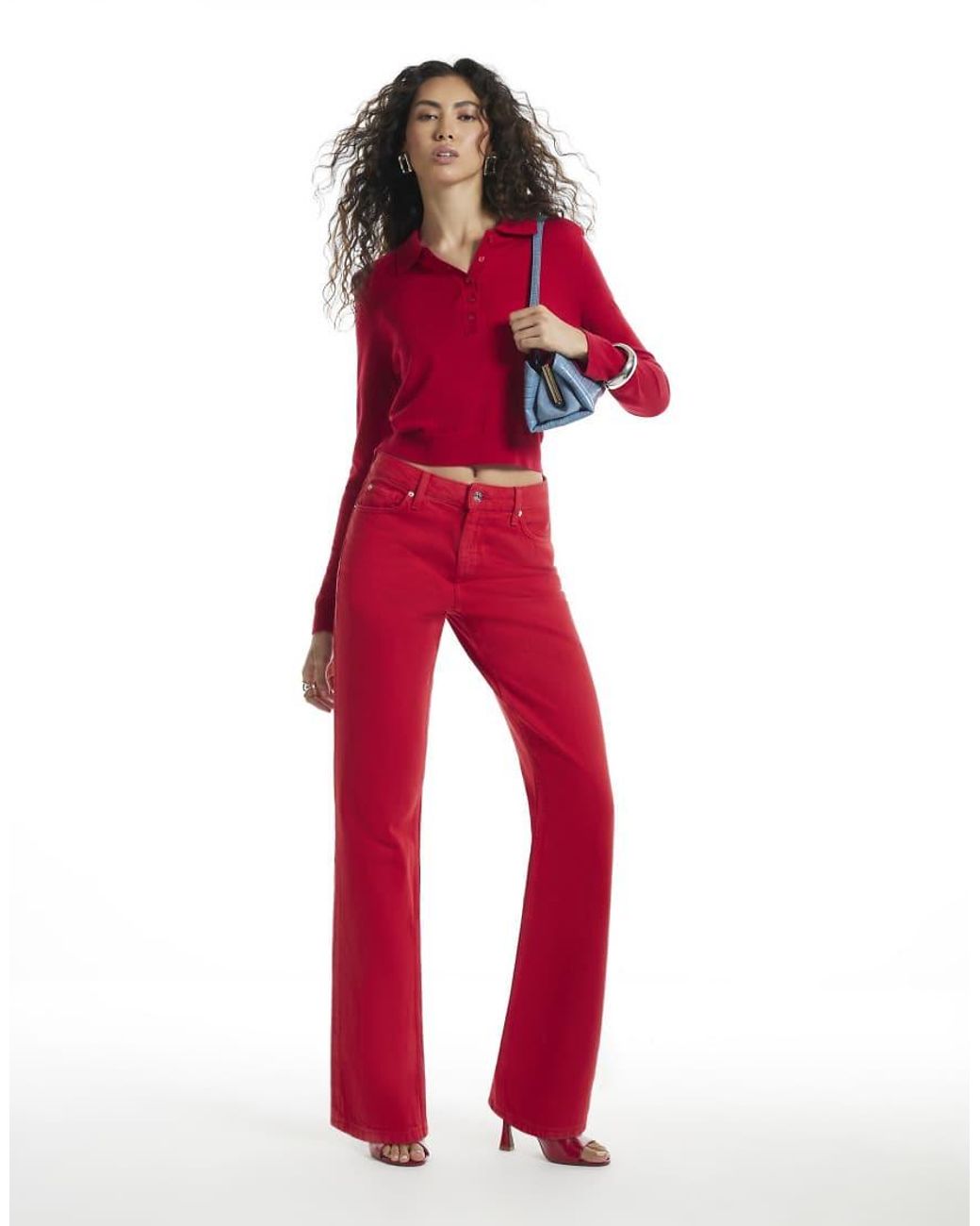 River Island Red Knit Shoulder Pad Polo Top