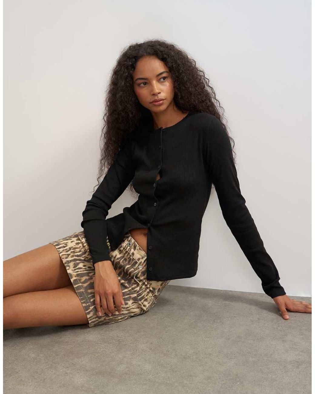 TOPSHOP Black Button Through Long Sleeve Top