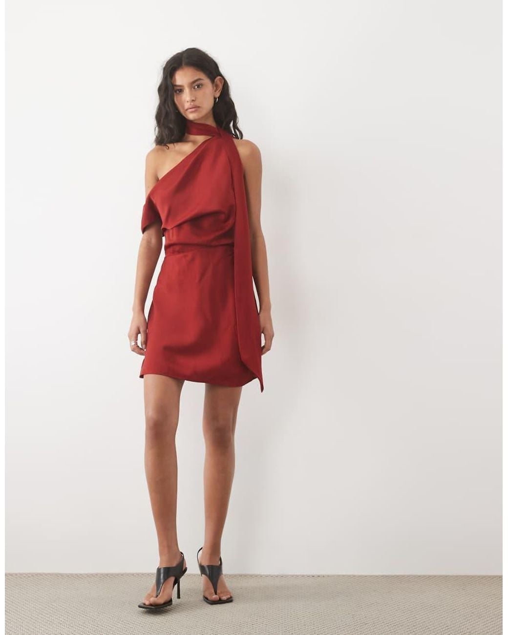 ASOS Red Satin Fallen Shoulder Playsuit With Tie Neck
