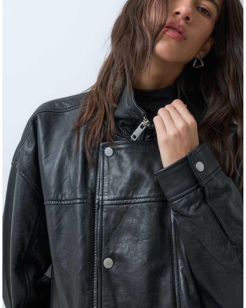 Barney's Originals Blue Real Leather Funnel Neck Bomber Jacket