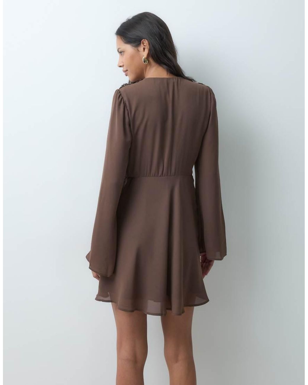 Abercrombie & Fitch Brown Long Sleeve V Neck Mini Dress With Lace Panel
