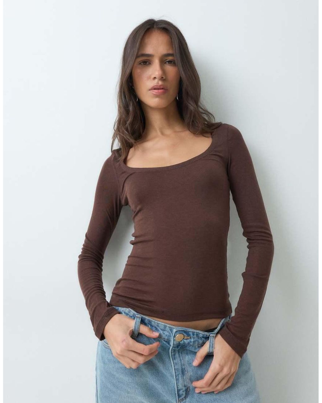 ASOS Brown Lyocell Blend Scoop Neck Long Sleeve Top