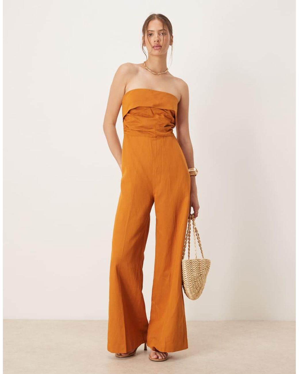 Mango Orange Linen Mix Bandeau Jumpsuit