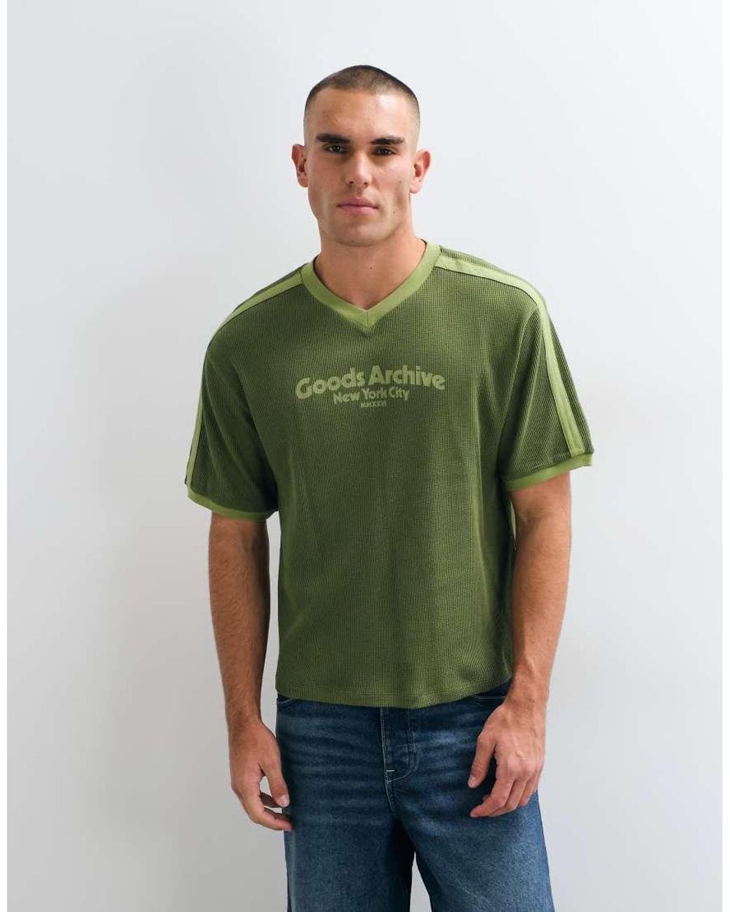 ASOS Green Boxy Relaxed T-shirt With V-neck And Text Print for men