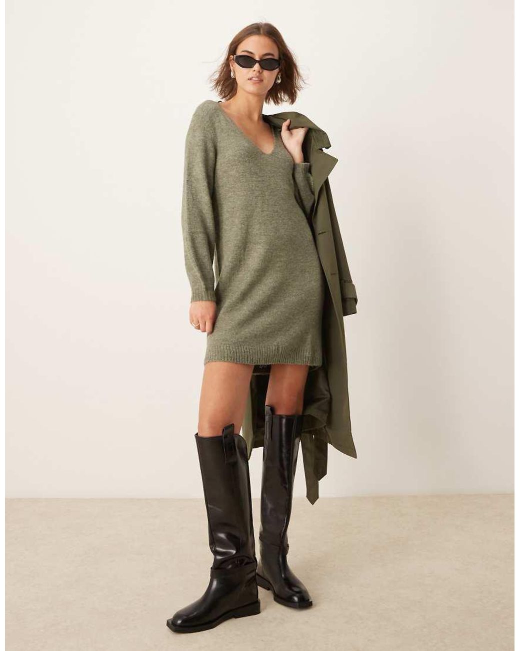 Jdy Green V-neck Knitted Mini Dress