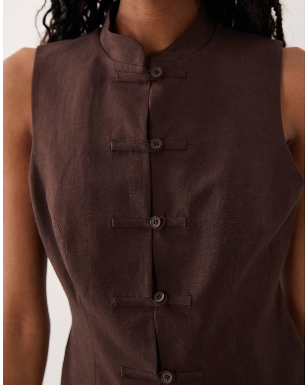 ASOS Brown Linen Blend Mandarin Collar Tank Top