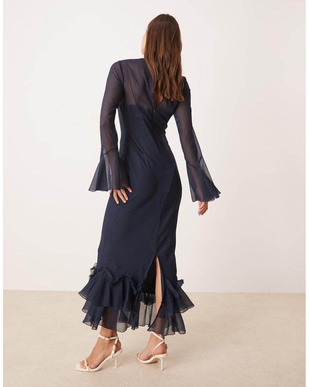 ASOS Blue Flutter Sleeve Maxi Dress With Frill Hem