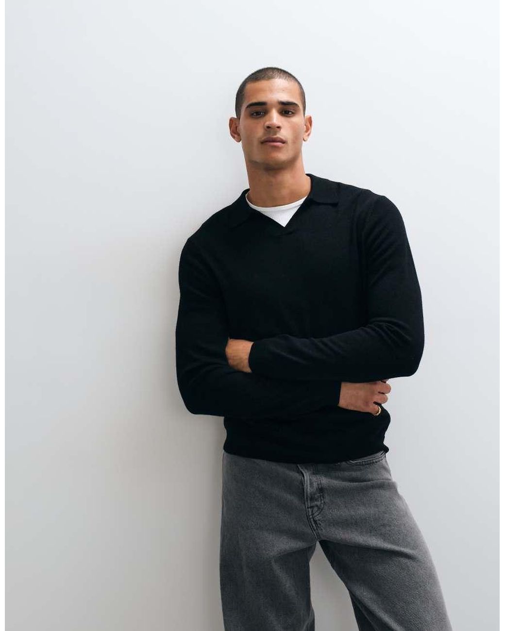 ASOS Black Knitted Long Sleeve Pure Merino Wool Notch Neck Polo for men